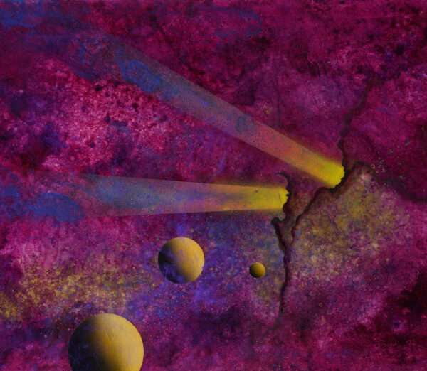 rectangular abstract expressionist painting, cosmic, major colors magenta, yellow