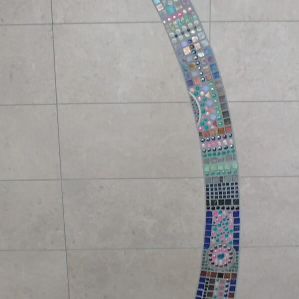 custom curved mosaic in shower, glass tile and beads, stainless steel