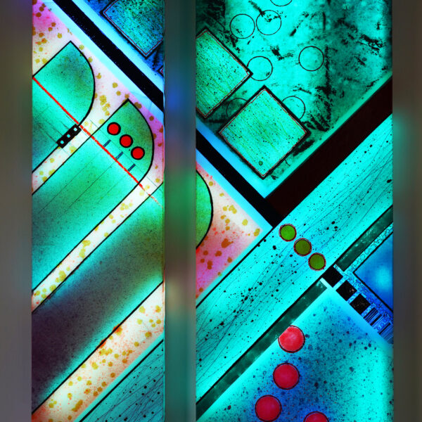 Luminous sculpture, diptych, one panel wider than other, abstract expressionist paintings with large geometric shapes and sets of three shapes, wall hanging, dramatic colors