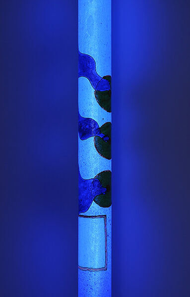 Luminous sculpture, abstract expressionist painting with sets of three shapes, on 7 feet tall column, freestanding