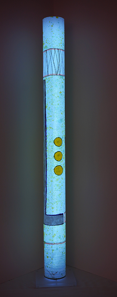 Luminous sculpture, abstract expressionist painting with three circles, on 7 feet tall column, freestanding