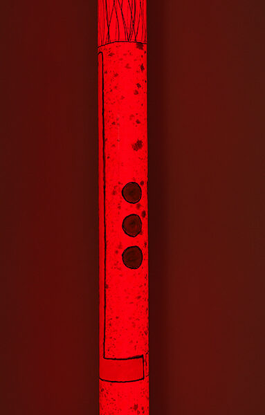 Luminous sculpture, abstract expressionist painting with three circles, on 7 feet tall column, freestanding