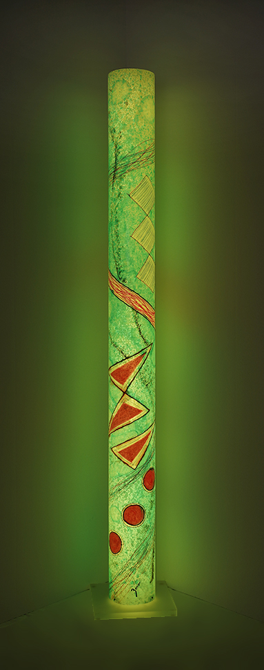 Luminous sculpture, abstract expressionist painting with geometric shapes on 7 feet tall column, freestanding