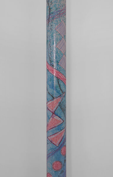 Luminous sculpture, abstract expressionist painting with geometric shapes on 7 feet tall column, freestanding