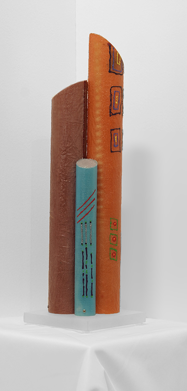 Luminous sculpture, abstract expressionist paintings, sets of three shapes, on three vertical, short columns on acrylic base for tabletop display