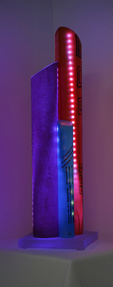 Luminous sculpture, abstract expressionist paintings, sets of three shapes, on three vertical, short columns on acrylic base for tabletop display