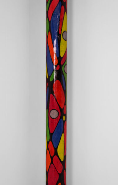 luminous sculpture, abstract expressionist painting on 7 feet tall column, all fluorescent medium with blacklight strip lights within, freestanding