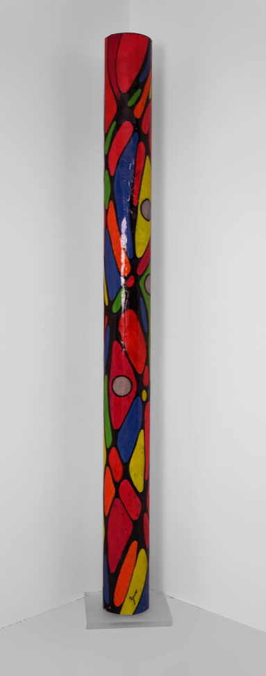 luminous sculpture, abstract expressionist painting on 7 feet tall column, all fluorescent medium with blacklight strip lights within, freestanding