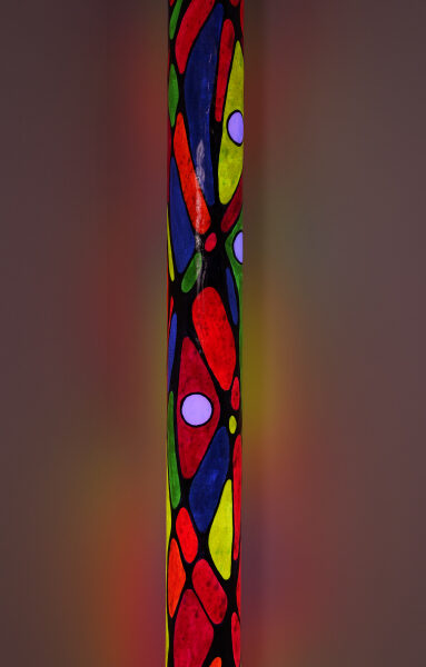 luminous sculpture, abstract expressionist painting on 7 feet tall, column, all fluorescent medium with blacklight strip lights within, freestanding