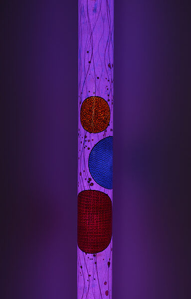 Luminous sculpture, abstract expressionist painting on 7 feet tall column, three large circles on wavy vertical striped background, freestanding