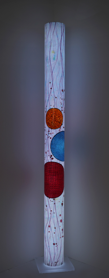 Luminous sculpture, abstract expressionist painting on 7 feet tall column, three large circles on wavy vertical striped background, freestanding