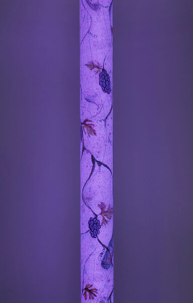 Luminous sculpture, abstract expressionist painting on 7 feet tall column with wine motif, freestanding