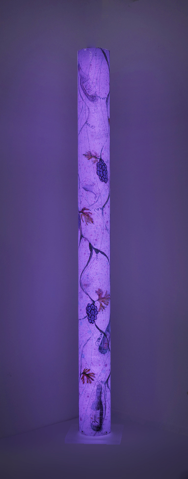 Luminous sculpture, abstract expressionist painting on 7 feet tall column with wine motif, freestanding