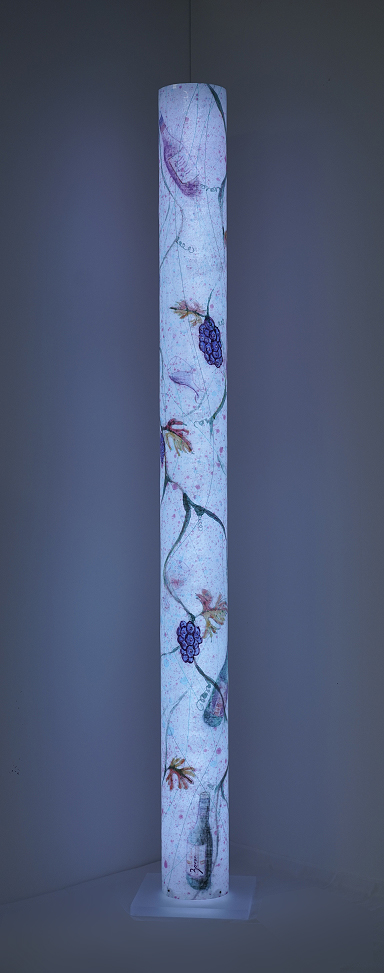 Luminous sculpture, abstract expressionist painting on 7 feet tall column with wine motif, freestanding
