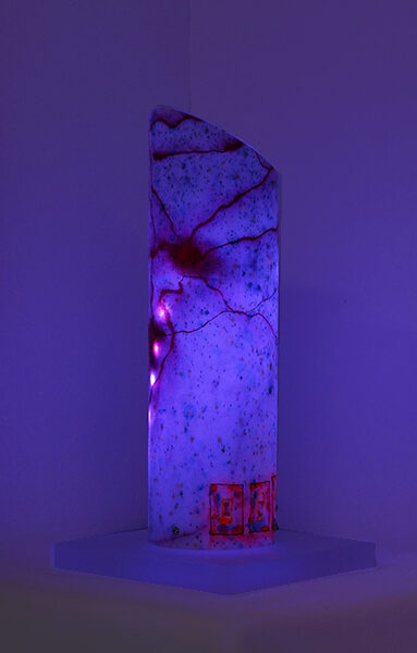 Luminous sculpture, abstract expressionist painting, sets of three shapes, on vertical, short, single column on acrylic base for tabletop display