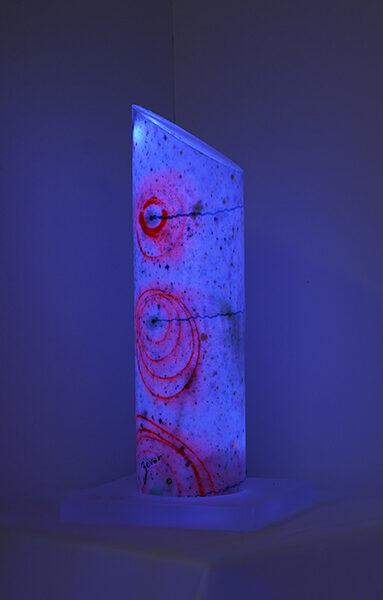 Luminous sculpture, abstract expressionist painting, sets of three shapes, on vertical, short, single column on acrylic base for tabletop display