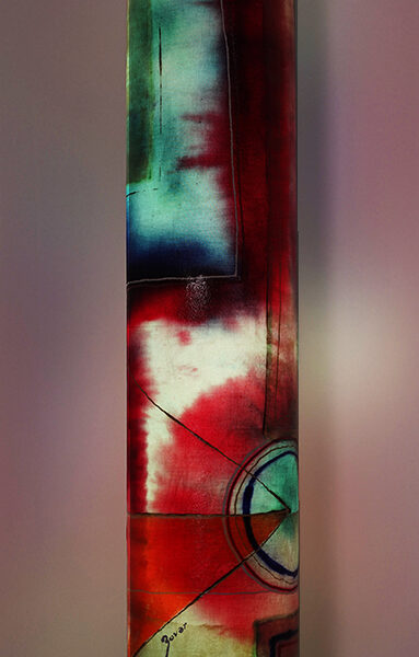 Luminous sculpture, abstract expressionist painting on 4 feet tall column, freestanding