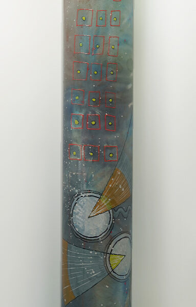Luminous sculpture, abstract expressionist painting with sets of three shapes, on 7eet tall column, freestanding