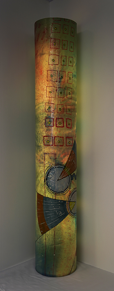 Luminous sculpture, abstract expressionist painting with sets of three shapes, on 7eet tall column, freestanding