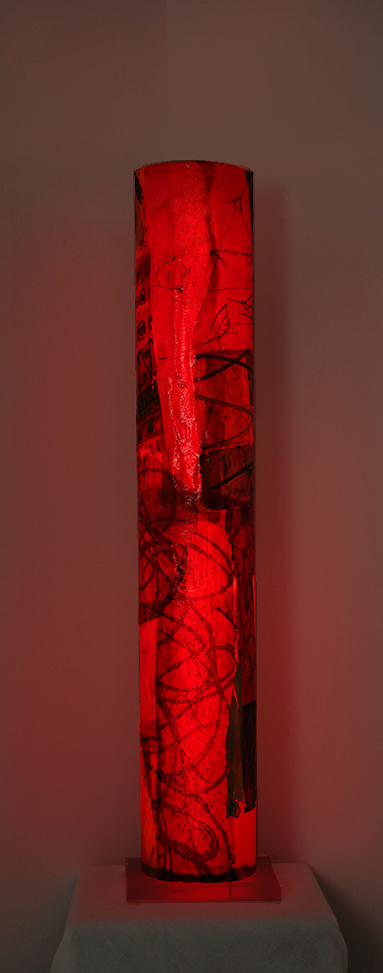Luminous sculpture, abstract expressionist painting on 4 feet tall column, freestanding