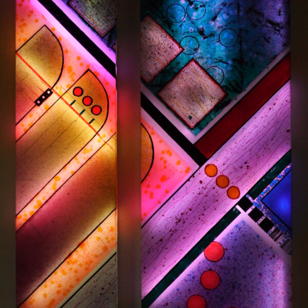 Luminous sculpture, diptych, one panel wider than other, abstract expressionist paintings with large geometric shapes and sets of three shapes, wall hanging, dramatic colors