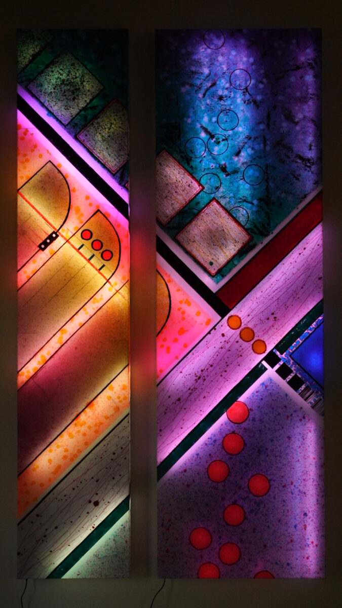 Luminous sculpture, diptych, one panel wider than other, abstract expressionist paintings with large geometric shapes and sets of three shapes, wall hanging, dramatic colors