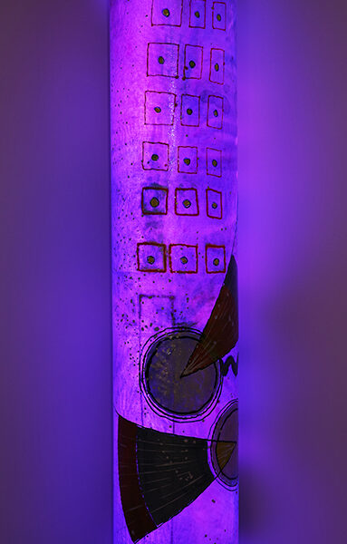 luminous sculpture, abstract expressionist painting on 7 feet tall column, freestanding