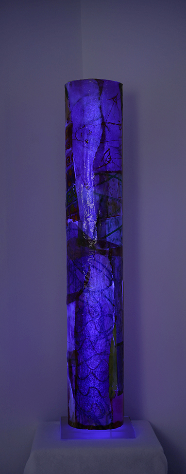 luminous sculpture, abstract expressionist painting on 4 feet tall column with acrylic base, freestanding