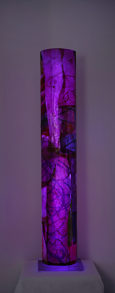 luminous sculpture, abstract expressionist painting on 4 feet tall column with acrylic base, freestanding