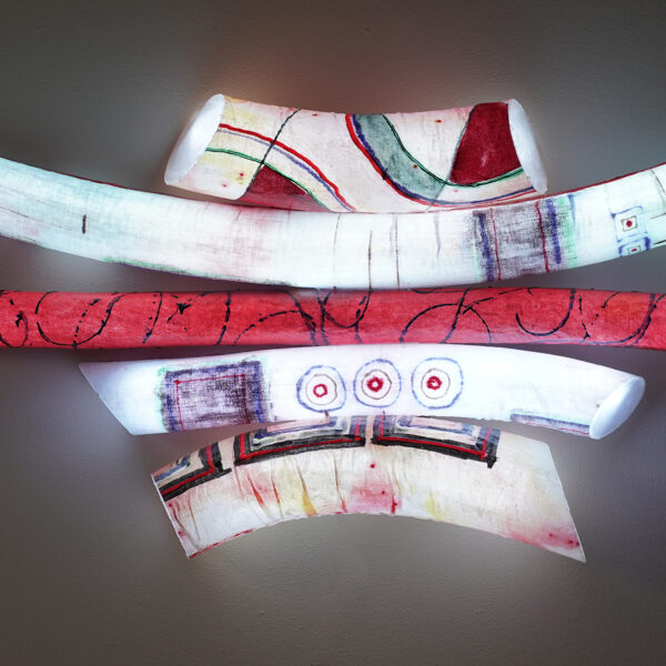 lluminous 3-D, wall hanging sculpture, abstract expressionist paintings on five concave horizontal tubes joined in center