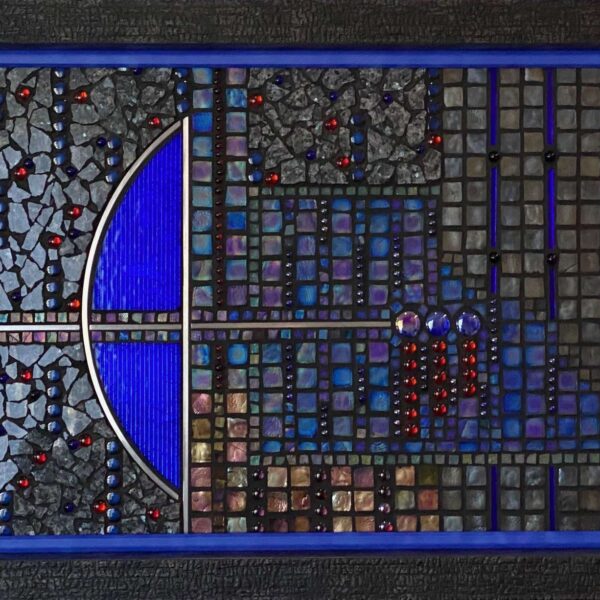 rectangular wall hanging mosaic - part of a circle in deep blue art glass framed with stainless steel; balance is grey marble and art glass tile and beads