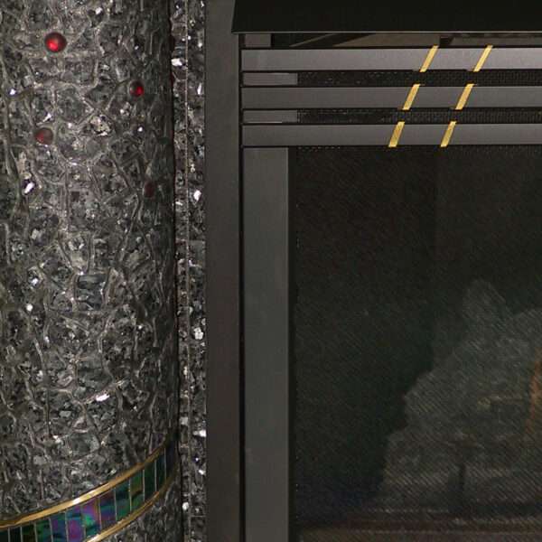 detail of front - blue pearl marble w/ red beads and glass ribbon