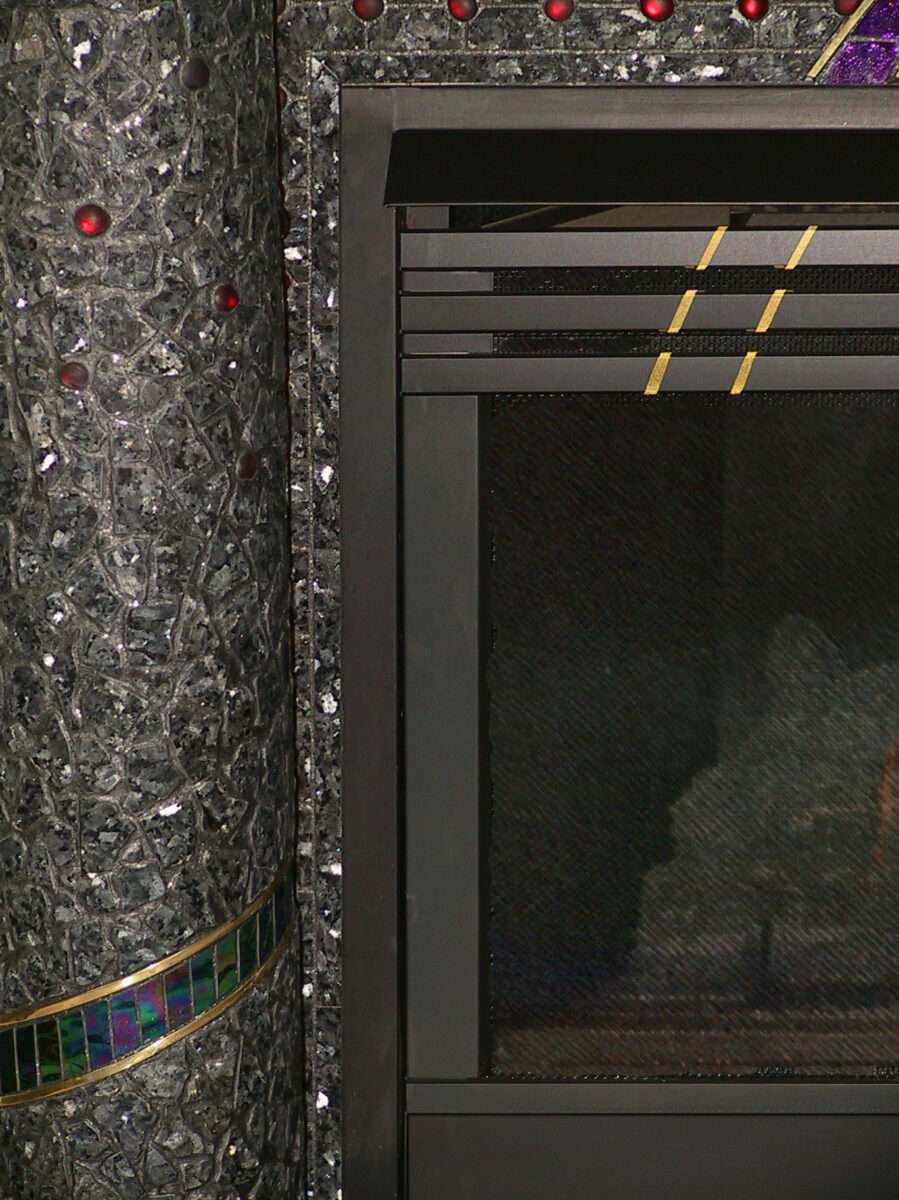 detail of front - blue pearl marble w/ red beads and glass ribbon